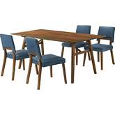 Channell 5 Piece Dining Set in Walnut Finish Wood & Blue Fabric