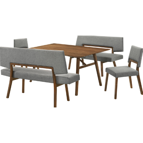 Channell 5 Piece Dining Set with Benches in Walnut Finish Wood & Gray Fabric