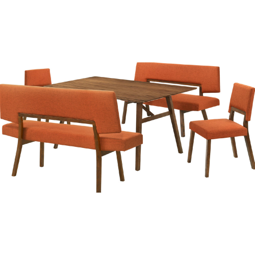 Channell 5 Piece Dining Set with Benches in Walnut Finish Wood & Orange Fabric