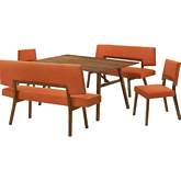 Channell 5 Piece Dining Set with Benches in Walnut Finish Wood & Orange Fabric