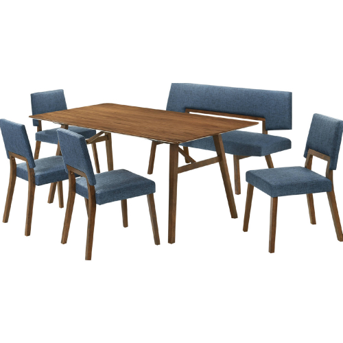 Channell 6 Piece Dining Set in Walnut Finish Wood with Bench in Blue Fabric