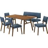 Channell 6 Piece Dining Set in Walnut Finish Wood with Bench in Blue Fabric