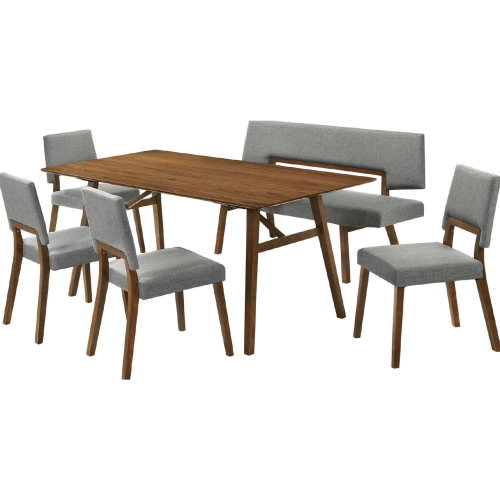 Channell 6 Piece Dining Set in Walnut Finish Wood with Bench in Charcoal Fabric