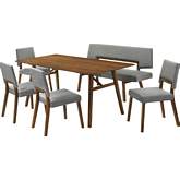 Channell 6 Piece Dining Set in Walnut Finish Wood with Bench in Charcoal Fabric
