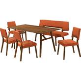 Channell 6 Piece Dining Set in Walnut Finish Wood with Bench in Orange Fabric