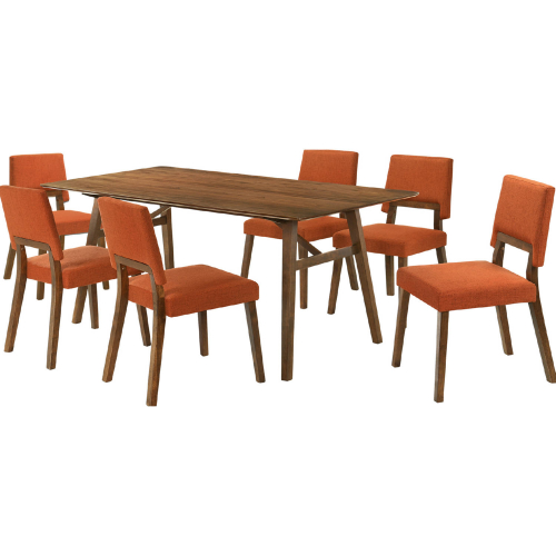 Channell 7 Piece Dining Set in Walnut Finish Wood & Orange Fabric