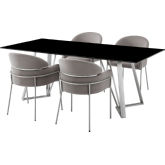 Cressida & Portia 5 Piece Dining Set in Grey Fabric, Black Glass & Brushed Steel