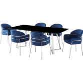 Cressida & Portia 7 Piece Dining Set in Blue Fabric, Black Glass & Brushed Steel