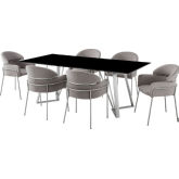 Cressida & Portia 7 Piece Dining Set in Grey Fabric, Black Glass & Brushed Steel