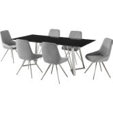 Cressida & Skye 7 Piece Dining Set in Grey Fabric, Black Glass & Brushed Steel