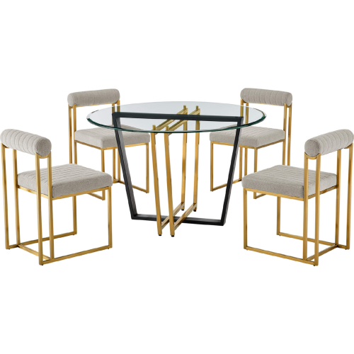 Devi & Anastasia 5 Piece Dining Set in Brushed Gold Stainless Steel, Glass & Taupe Fabric
