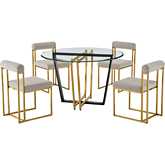 Devi & Anastasia 5 Piece Dining Set in Brushed Gold Stainless Steel, Glass & Taupe Fabric