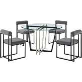 Devi & Anastasia 5 Piece Dining Set in Matte Black Iron, Glass & Anchor Gray Fabric