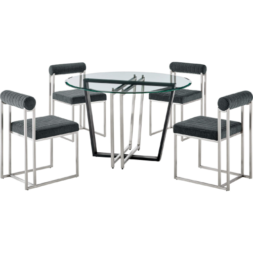 Devi & Anastasia 5 Piece Dining Set in Brushed Stainless Steel, Glass & Charcoal Fabric