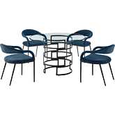 Diaz & Morgan 5 Piece Dining Set in Matte Black Iron, Glass & Blue Fabric