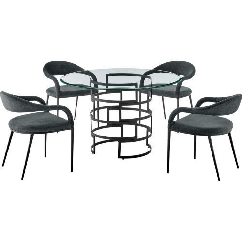 Diaz & Morgan 5 Piece Dining Set in Matte Black Iron, Glass & Charcoal Fabric