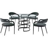 Diaz & Morgan 5 Piece Dining Set in Matte Black Iron, Glass & Charcoal Fabric