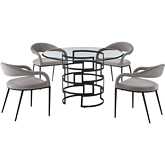 Diaz & Morgan 5 Piece Dining Set in Matte Black Iron, Glass & Light Gray Fabric