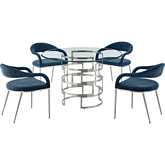 Diaz & Morgan 5 Piece Dining Set in Brushed Stainless Steel, Glass & Blue Fabric