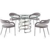 Diaz & Morgan 5 Piece Dining Set in Brushed Stainless Steel, Glass & Light Gray Fabric