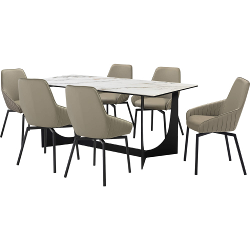 Esme & Shilo 7 Piece Dining Set in Stone, Black Metal & Taupe Leatherette