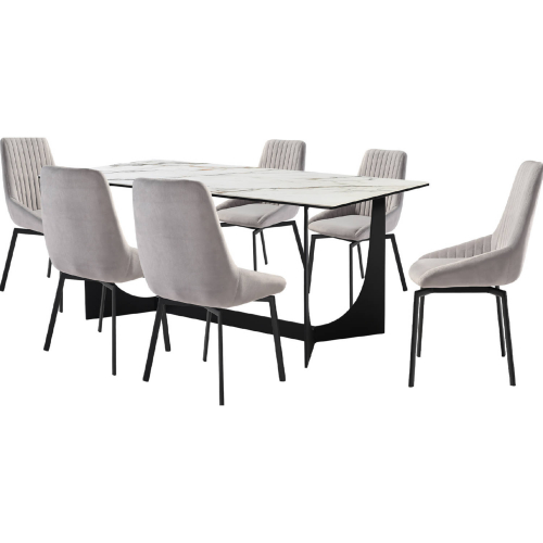 Esme & Susie 7 Piece Dining Set in Stone, Black Metal & Gray Fabric