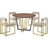 Joana & Anastasia 5 Piece Dining Set in Brushed Stainless Steel, Walnut & Taupe Fabric