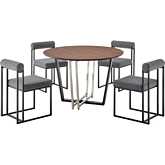 Joana & Anastasia 5 Piece Dining Set in Matte Black Iron, Walnut & Anchor Gray Fabric
