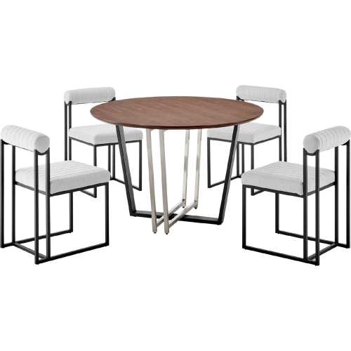 Joana & Anastasia 5 Piece Dining Set in Matte Black Iron, Walnut & Light Gray Fabric