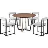 Joana & Anastasia 5 Piece Dining Set in Matte Black Iron, Walnut & Light Gray Fabric