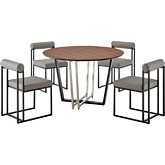 Joana & Anastasia 5 Piece Dining Set in Matte Black Iron, Walnut & Light Gray Leatherette