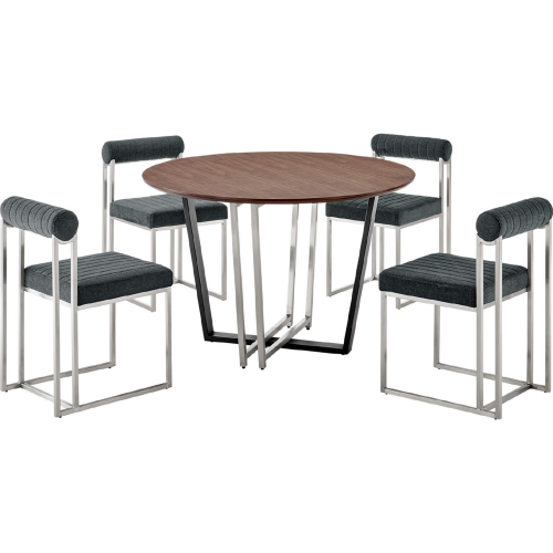 Joana & Anastasia 5 Piece Dining Set in Brushed Stainless Steel, Walnut & Charcoal Fabric