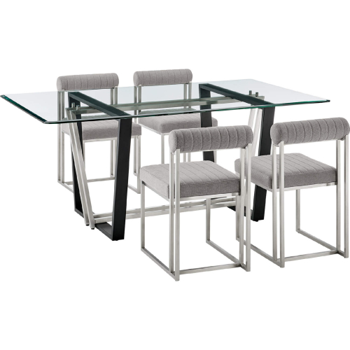 Kai & Anastasia 5 Piece Dining Set in Brushed Stainless Steel, Glass & Light Gray Fabric