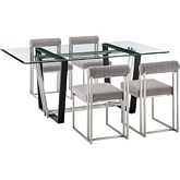 Kai & Anastasia 5 Piece Dining Set in Brushed Stainless Steel, Glass & Light Gray Fabric