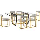Kai & Anastasia 7 Piece Dining Set in Brushed Gold Stainless Steel, Glass & Taupe Fabric