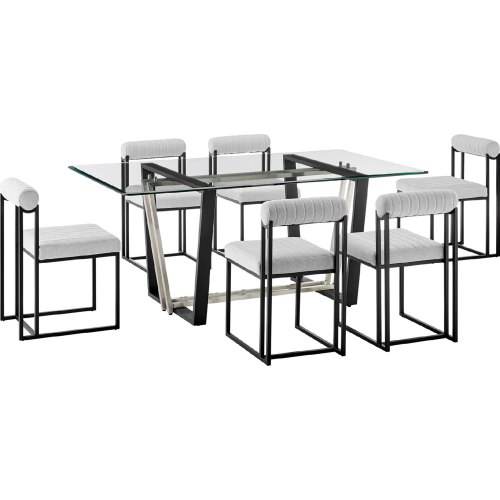 Kai & Anastasia 7 Piece Dining Set in Matte Black Iron, Glass & Light Gray Fabric