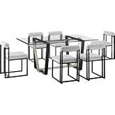 Kai & Anastasia 7 Piece Dining Set in Matte Black Iron, Glass & Light Gray Fabric