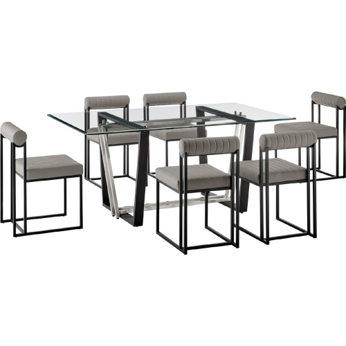 Kai & Anastasia 7 Piece Dining Set in Matte Black Iron, Glass & Light Gray Leatherette