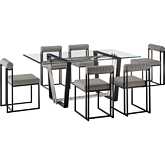 Kai & Anastasia 7 Piece Dining Set in Matte Black Iron, Glass & Light Gray Leatherette
