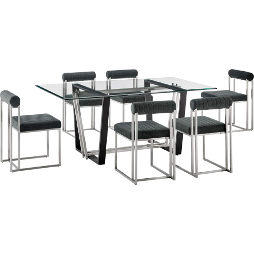 Kai & Anastasia 7 Piece Dining Set in Brushed Stainless Steel, Glass & Charcoal Fabric