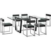 Kai & Anastasia 7 Piece Dining Set in Brushed Stainless Steel, Glass & Charcoal Fabric