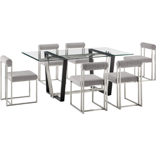 Kai & Anastasia 7 Piece Dining Set in Brushed Stainless Steel, Glass & Light Gray Fabric