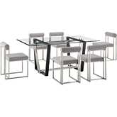 Kai & Anastasia 7 Piece Dining Set in Brushed Stainless Steel, Glass & Light Gray Fabric