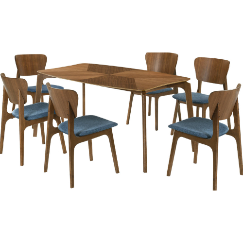 Kalia 7 Piece Dining Set in Walnut Finish Wood & Blue Fabric