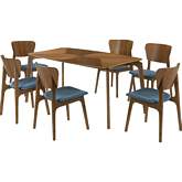 Kalia 7 Piece Dining Set in Walnut Finish Wood & Blue Fabric