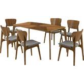 Kalia 7 Piece Dining Set in Walnut Finish Wood & Charcoal Fabric