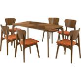 Kalia 7 Piece Dining Set in Walnut Finish Wood & Orange Fabric