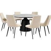 Knox & Genesis 7 Piece Dining Set in White Stone, Black Metal & Beige Leatherette