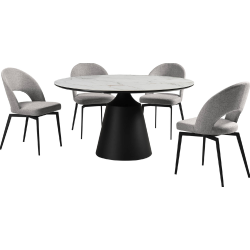 Knox & Lucia 5 Piece Dining Set in White Stone, Black Metal & Gray Fabric