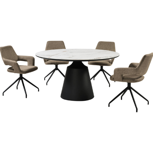 Knox & Penny 5 Piece Dining Set in White Stone, Black Metal & Coffee Brown Fabric